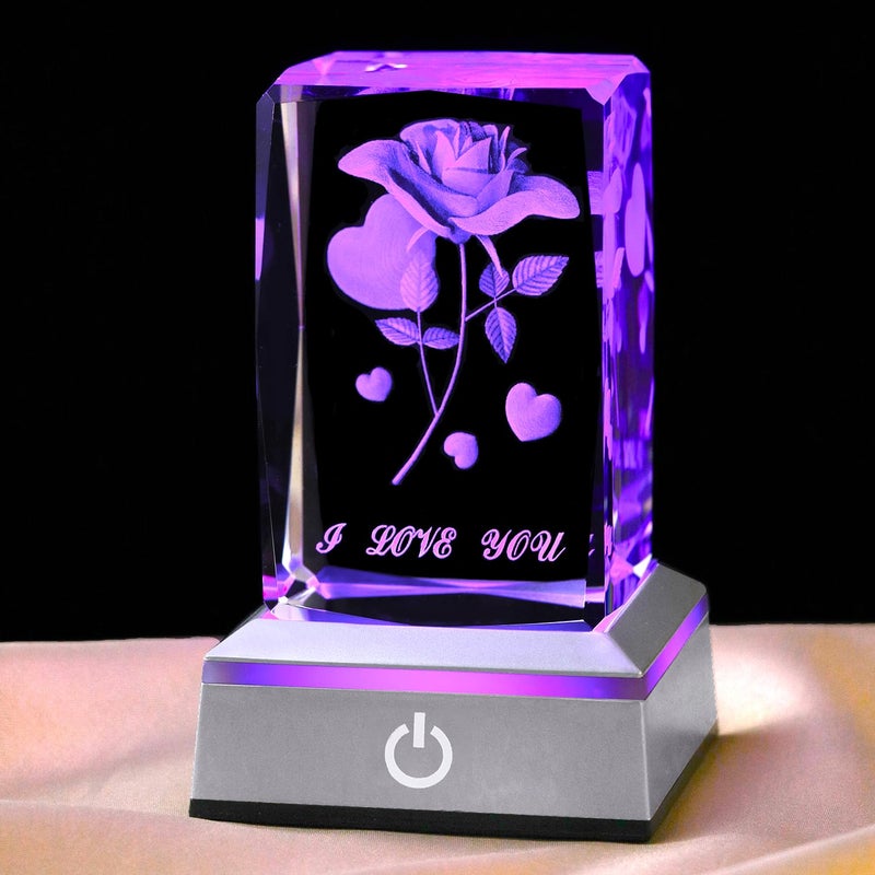 hochance 3D Crystal HeartRose,Christmas Gifts for Wife Girlfriend Mother Her,Sweet Valentine's Day Anniversary Birthday Mother's Day Xmas Vday Presents,LED Multicolor Display Night Lights - Image 1